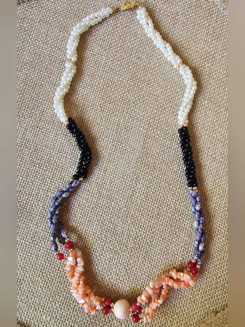 Vintage 80s Multi Strand Twisted Torsade Pearl Coral Block Statement Necklace